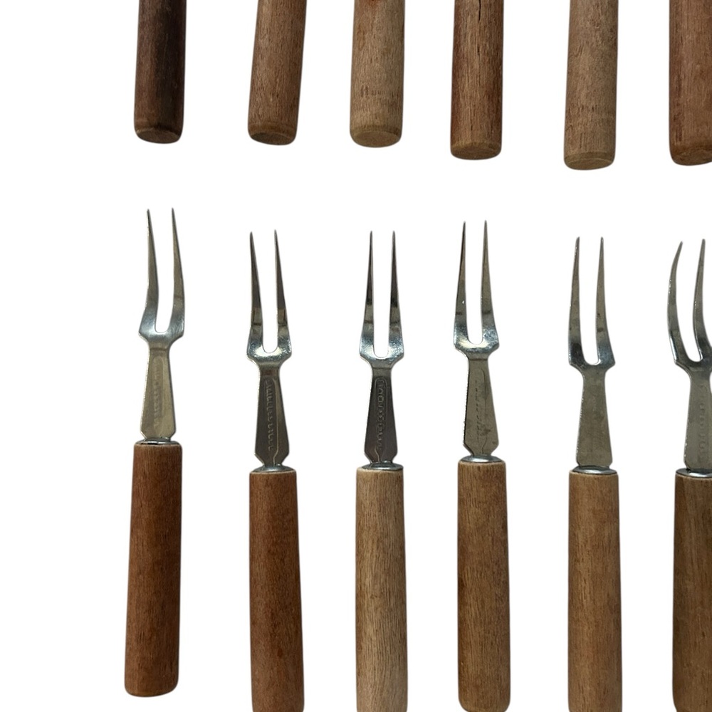Cocktail  Appetizer Forks And Knife Small Stainless Steel & Wood 15 Pc Vintage - Picture 3 of 15